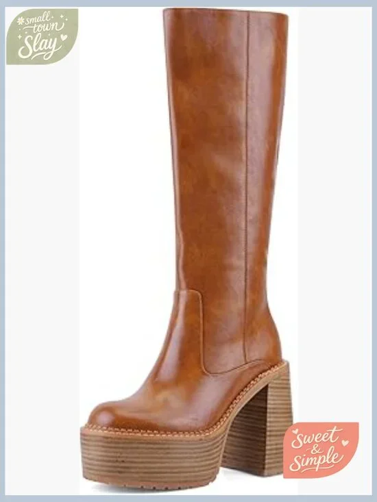 Platform Mid Calf Boots Block Heel Square Toe Comfortable Casual Shoes - Picture 1 of 5